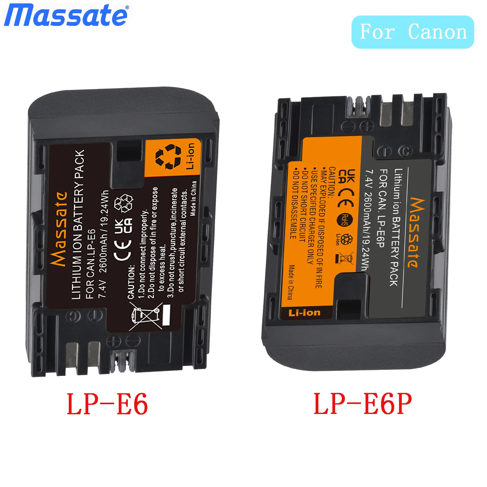 Massate LP-E6/LP-E6P Replacement Li-ion Batteries for Canon 5D Mark III 5D Mark IV 6D 7D 80D 90D EOS R RP R5 R6 DSLR Mirrorless
Massate LP-E6/LP-E6P Replacement Li-ion Batteries for Canon 5D Mark III 5D Mark IV 6D 7D 80D 90D EOS R RP R5 R6 DSLR Mirrorless