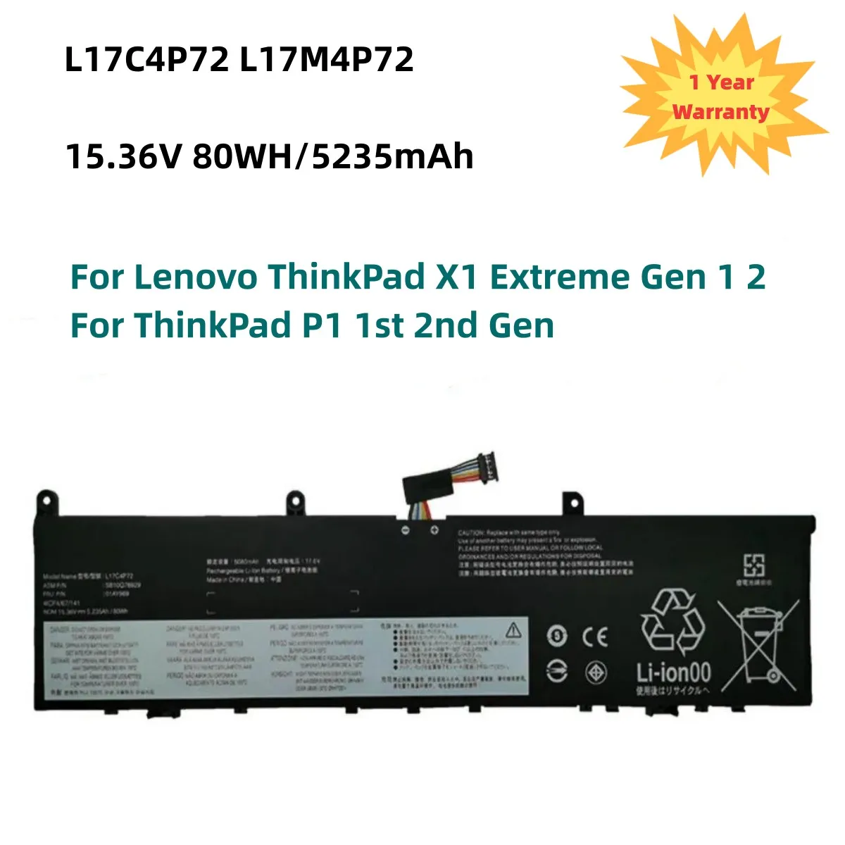 L17C4P72 L17M4P72 Laptop Battery For Lenovo ThinkPad X1 Extreme Gen 1 2 For ThinkPad P1 1st 2nd Gen 01AY968 01YU911 15.36V 80WH
L17C4P72 L17M4P72 Laptop Battery For Lenovo ThinkPad X1 Extreme Gen 1 2 For ThinkPad P1 1st 2nd Gen 01AY968 01YU911 15.36V 80WH