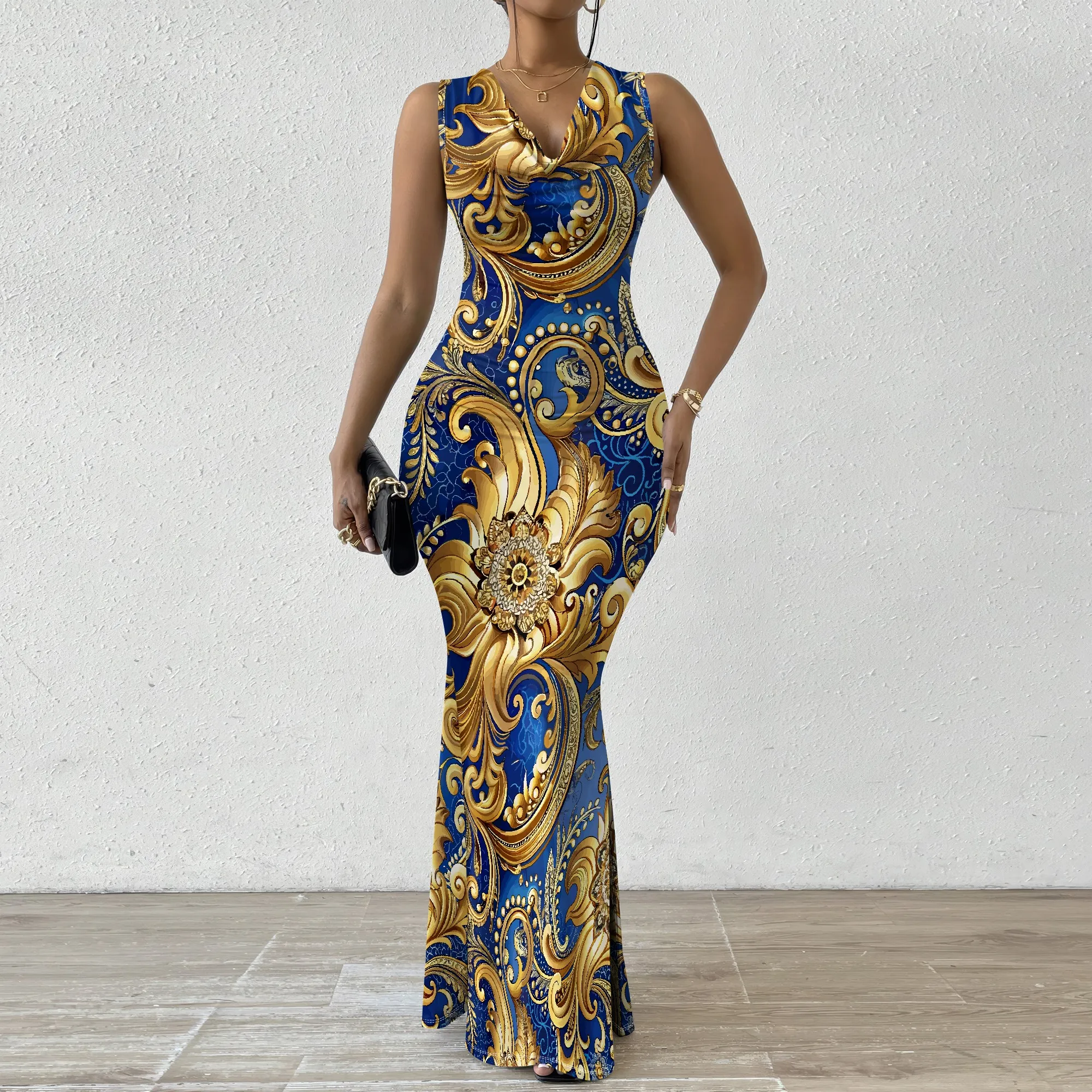 Baroque Print Bodycon Maxi Dress XS-2XL - Elegant Blue & Gold Dress for Evening Wear, Formal Events, and Galas
Baroque Print Bodycon Maxi Dress XS-2XL - Elegant Blue & Gold Dress for Evening Wear, Formal Events, and Galas
