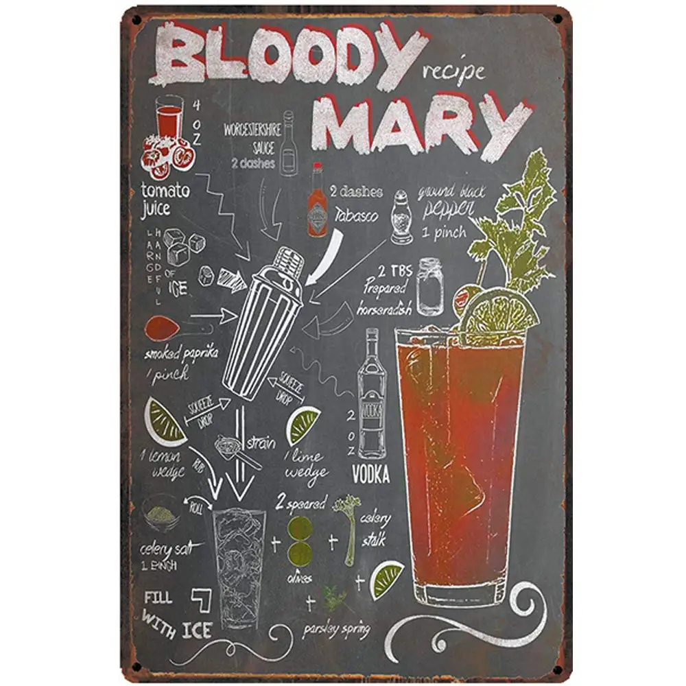 Vintage Design Comic Style Bloody Mary Cocktail Recipe Tin Metal Signs Wall Art | Thick Tinplate Print Poster Wall Decoration f
Vintage Design Comic Style Bloody Mary Cocktail Recipe Tin Metal Signs Wall Art | Thick Tinplate Print Poster Wall Decoration f