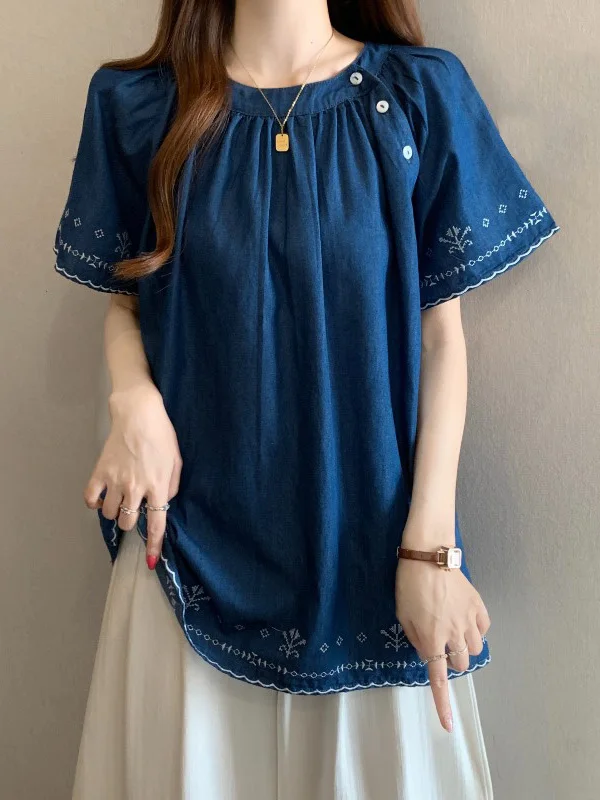 Elegant Embroidered Thin Denim Shirt Women's Shoulder Length Summer New Style plus Size Fashionable Age-Defying Top
Elegant Embroidered Thin Denim Shirt Women's Shoulder Length Summer New Style plus Size Fashionable Age-Defying Top