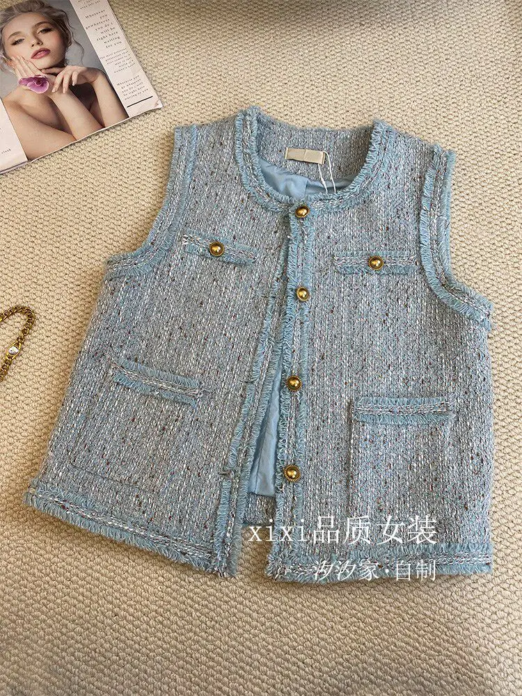 New Blue vest coarse tweed camisole, sleeveless short
New Blue vest coarse tweed camisole, sleeveless short