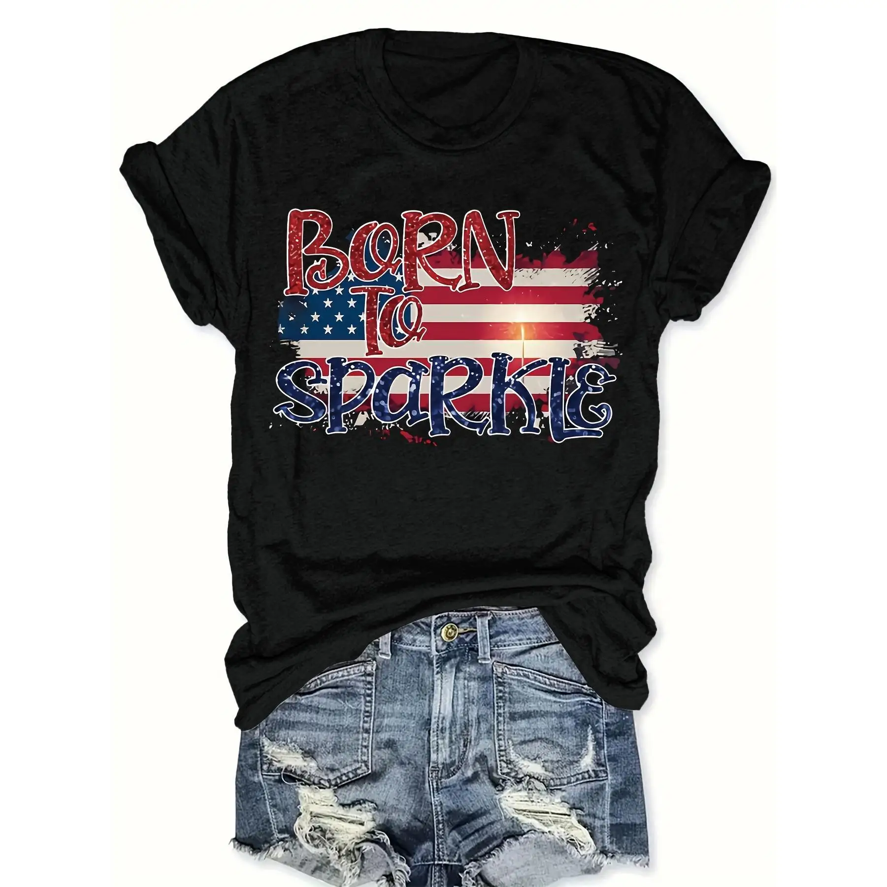 Women'S Patriotic T-Shirt, "Born to Sparkle" Letter Print, Casual Crew Neck Top, Summer Knit Polyester Tee, Slight Stretch, 180g
Women'S Patriotic T-Shirt, "Born to Sparkle" Letter Print, Casual Crew Neck Top, Summer Knit Polyester Tee, Slight Stretch, 180g
