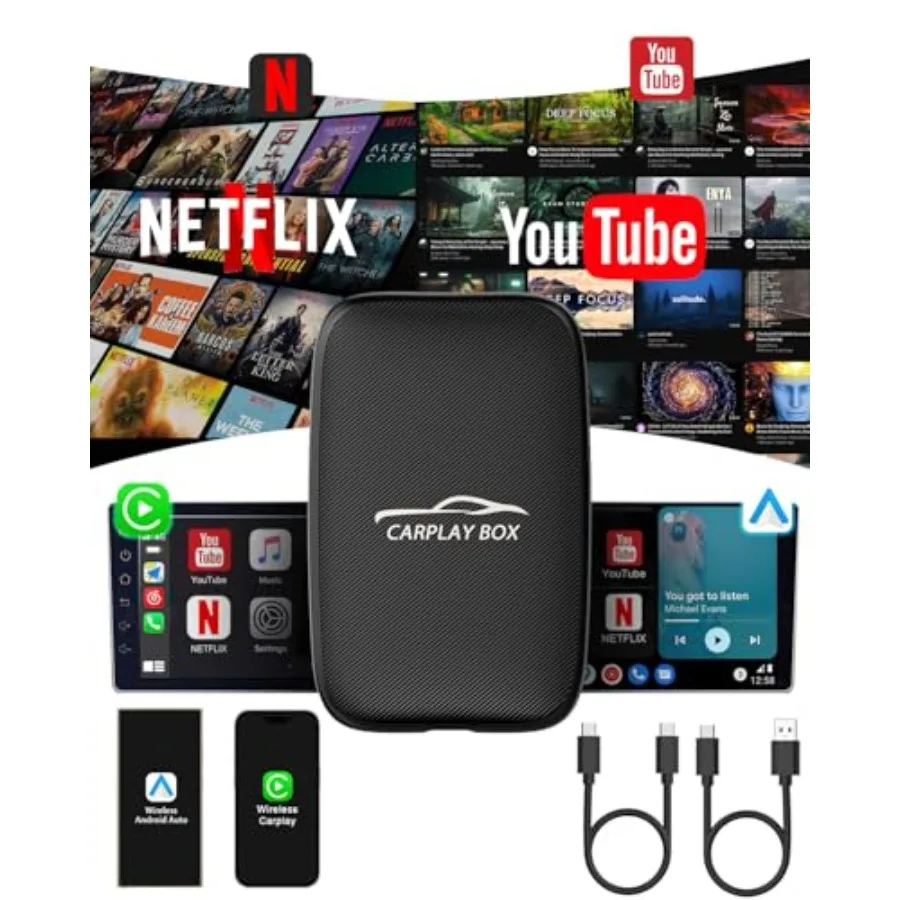 6-in-1 Wireless CarPlay Adapter for OEM Wired Cars: Aluminum Body Black Plug-and-Play Setup with Netflix YouTube TF Card Suppor
6-in-1 Wireless CarPlay Adapter for OEM Wired Cars: Aluminum Body Black Plug-and-Play Setup with Netflix YouTube TF Card Suppor