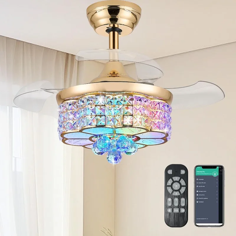 Retractable Crystal Ceiling Fan with Light Dimmable Bluetooth APP Control 6 Speed Timer Gold Chandelier Fan for Bedroom
Retractable Crystal Ceiling Fan with Light Dimmable Bluetooth APP Control 6 Speed Timer Gold Chandelier Fan for Bedroom