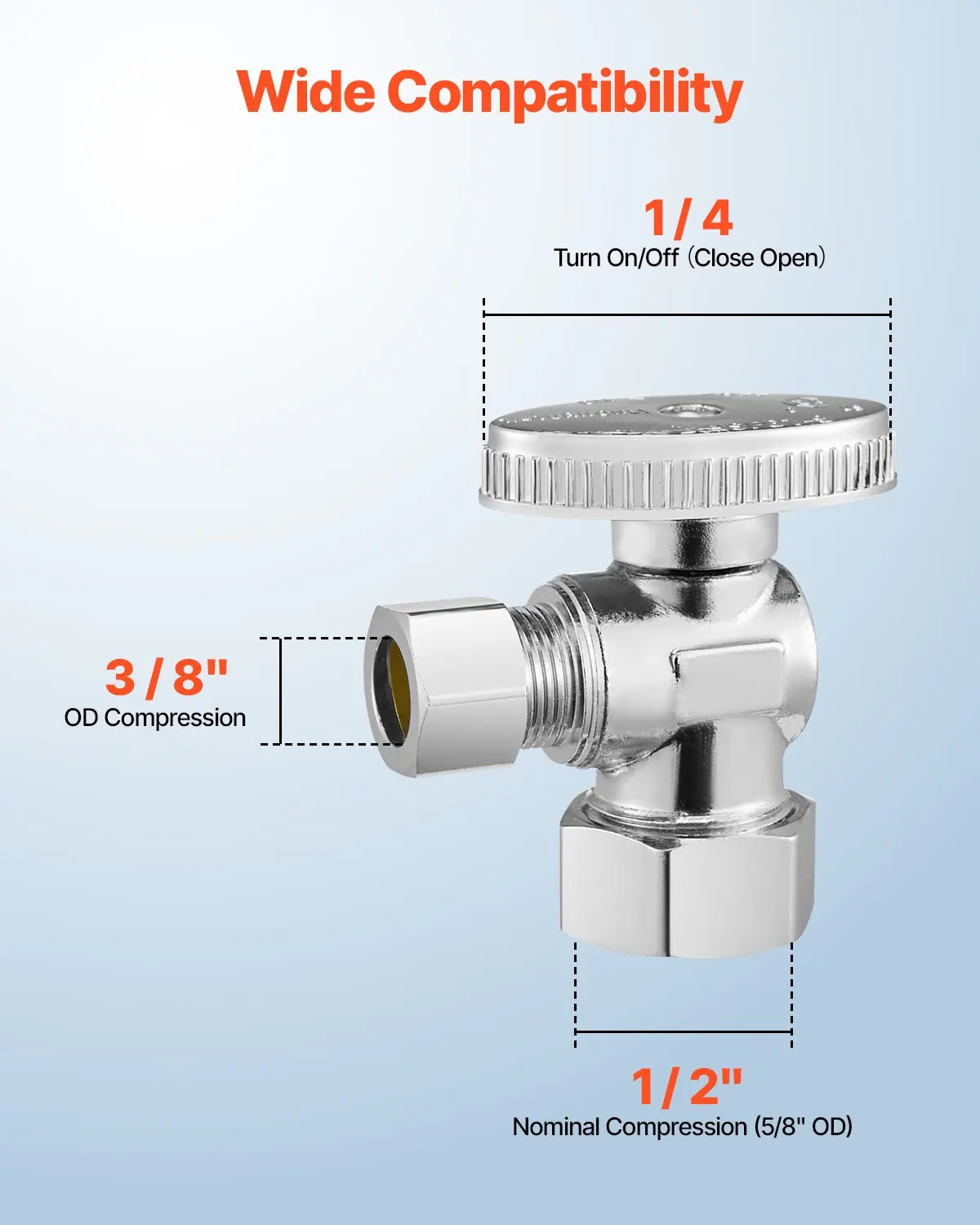 10-Pack Angle Stop Valve, 1-4 Turn Water Shut Off Valves, 1-2' Nominal 5-8' OD Compression Inlet 3-8' OD Compression Outlet
10-Pack Angle Stop Valve, 1-4 Turn Water Shut Off Valves, 1-2' Nominal 5-8' OD Compression Inlet 3-8' OD Compression Outlet