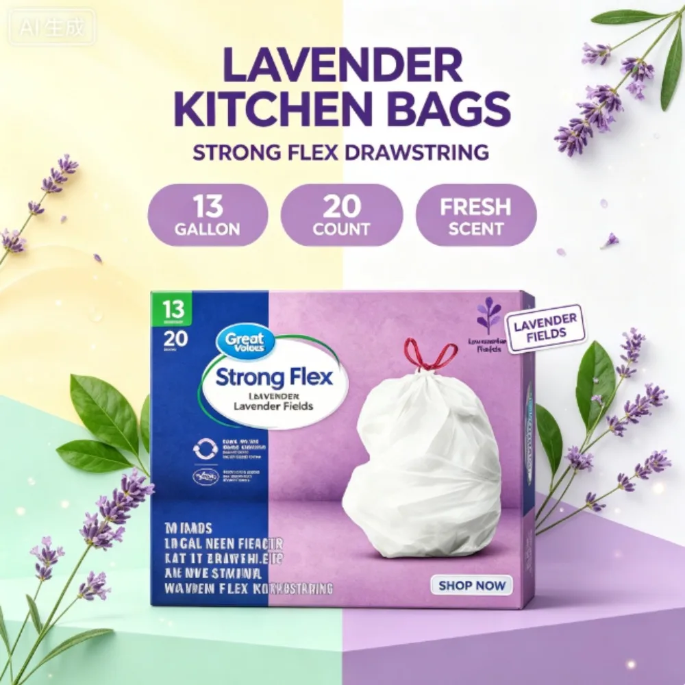 20 Count Great Value Strong Flex Lavender Fields Fragrance 13 Gallon Drawstring Kitchen Garbage Bags
20 Count Great Value Strong Flex Lavender Fields Fragrance 13 Gallon Drawstring Kitchen Garbage Bags