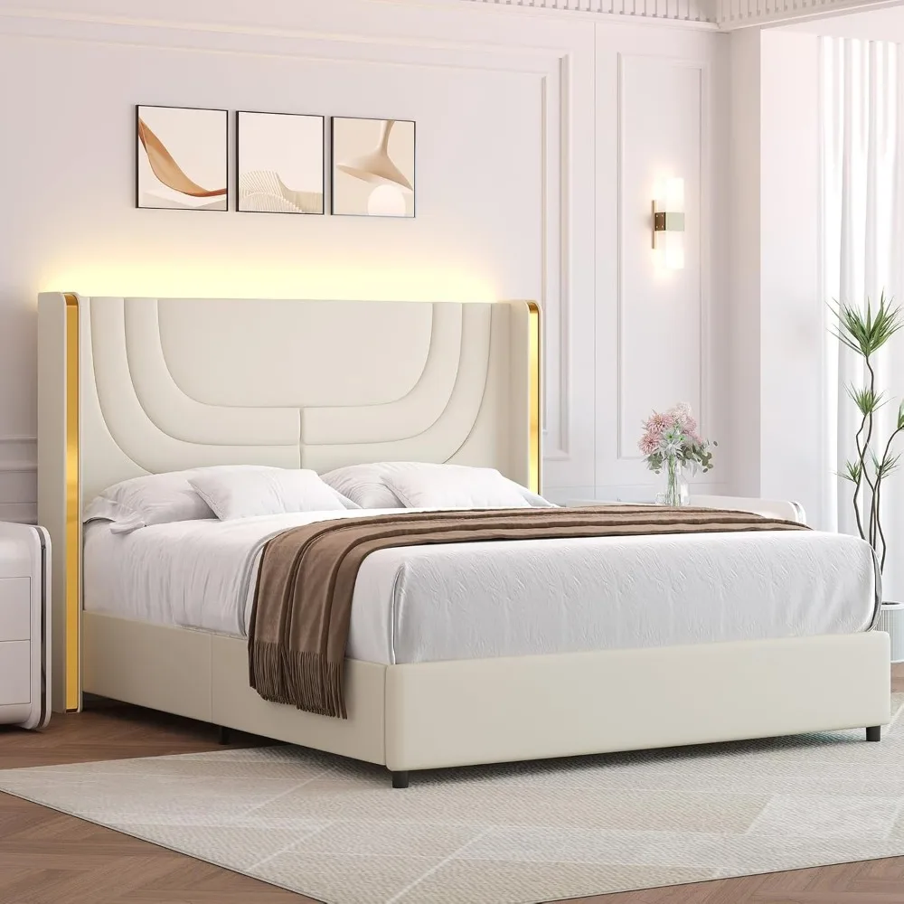 Queen Bed Frame with LED Lights, Faux Leather Upholstered Platform with Silver Wingback Headboard, Modern Style, No Box Spring N
Queen Bed Frame with LED Lights, Faux Leather Upholstered Platform with Silver Wingback Headboard, Modern Style, No Box Spring N