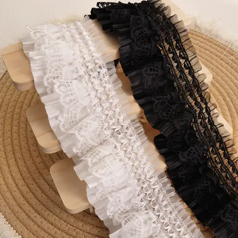 Width 8CM Elastic Embroidery Lace Trim Ruffle Sewing Ribbon For Wedding Dress Decor Clothing Collar DIY Crafts Supplies Fabric