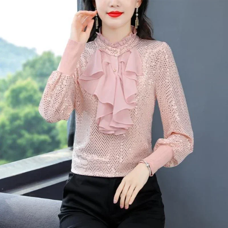 Fashion Blouse Women High Street Casual Ruffles Patchwork Sequined All-match Pullovers Spring Autumn Stand Collar Long Sleeve
Fashion Blouse Women High Street Casual Ruffles Patchwork Sequined All-match Pullovers Spring Autumn Stand Collar Long Sleeve