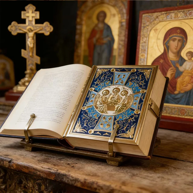 Byzantine Gold Plated Orthodox Gospel Book Cover with Enamel Holy Trinity Icon for Church Liturgy Home Altar Religious Devotion
Byzantine Gold Plated Orthodox Gospel Book Cover with Enamel Holy Trinity Icon for Church Liturgy Home Altar Religious Devotion