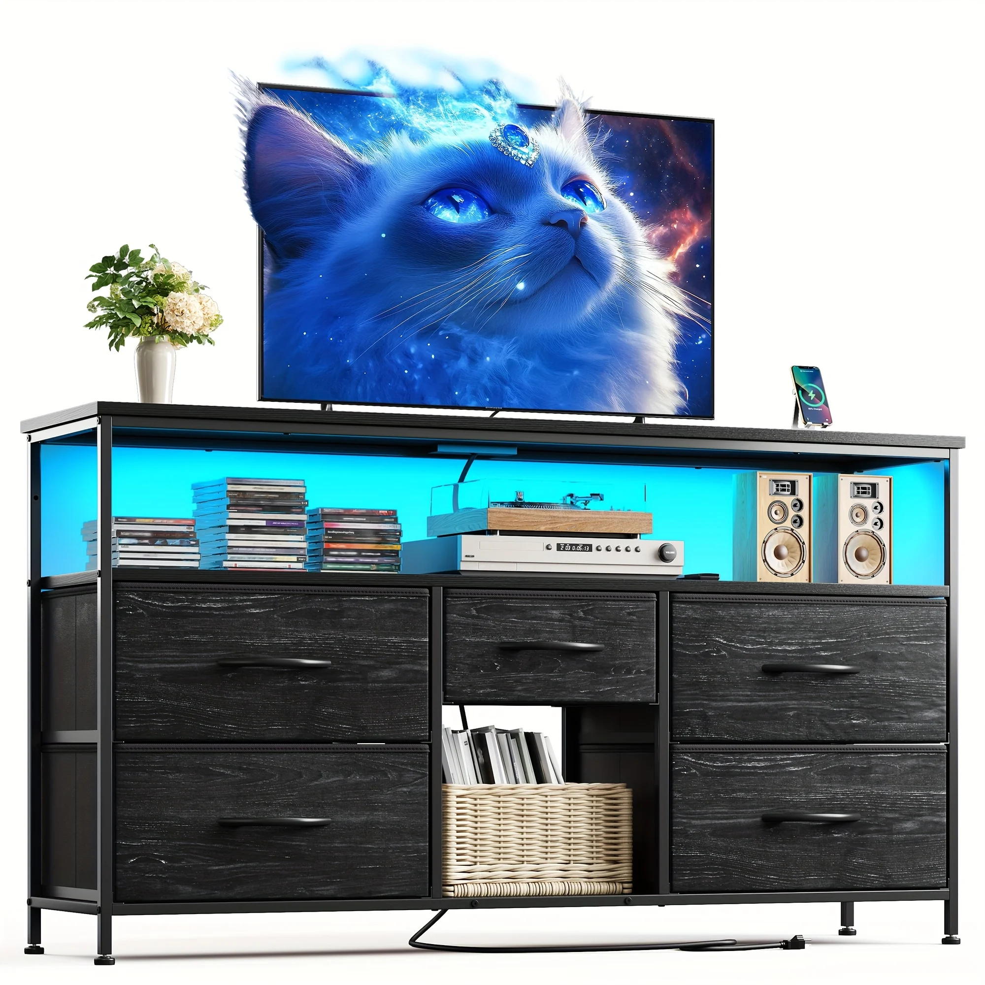 TV Stand Dresser With 5 Drawers, TV Stands Entertainment Center For 50 Inch Television, Media Console Table With Power Outlets And LED Lights, Office Lockers, Open Shelf, Living Room
TV Stand Dresser With 5 Drawers, TV Stands Entertainment Center For 50 Inch Television, Media Console Table With Power Outlets And LED Lights, Office Lockers, Open Shelf, Living Room