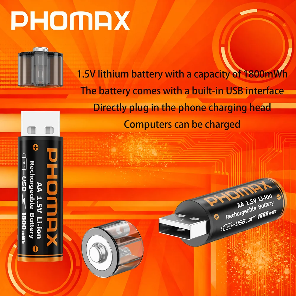 PHOMAX Lithium ion Battery 1.5V AA 1800mWh USB Charging Rechargeable Batteries For Remote Control Keyboard Toys Car Flashlight
PHOMAX Lithium ion Battery 1.5V AA 1800mWh USB Charging Rechargeable Batteries For Remote Control Keyboard Toys Car Flashlight