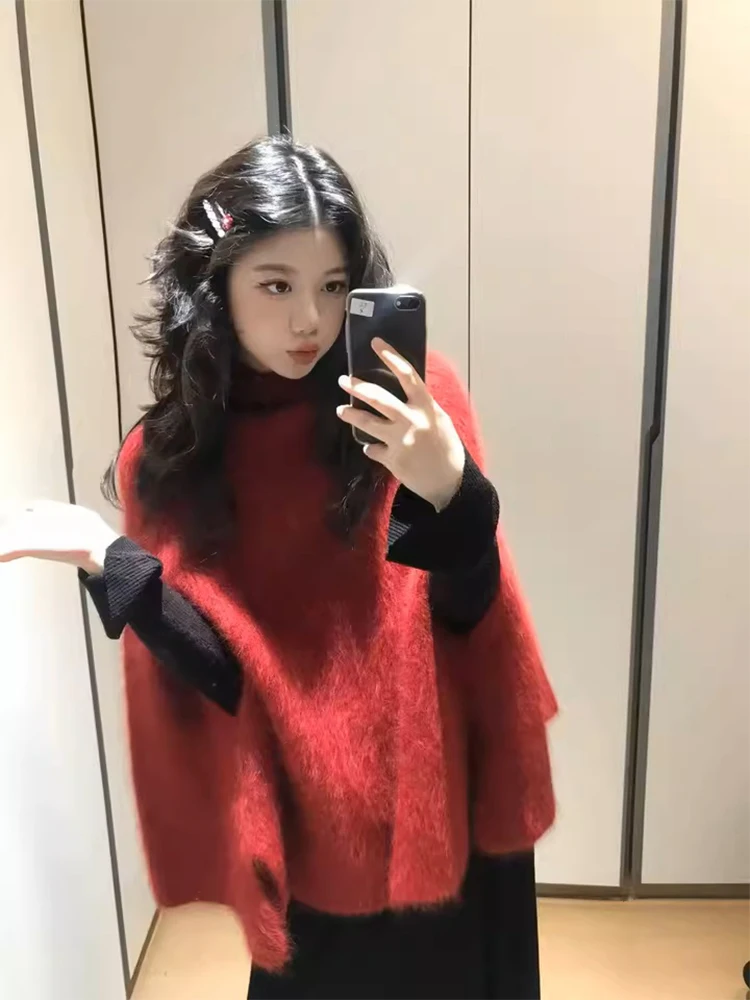 Ретро-свитер с высоким воротником красного цвета, женский зимний свободный вязаный свитер-накидка, новогодняя модная повседневная одежда больших размеров
Ретро-свитер с высоким воротником красного цвета, женский зимний свободный вязаный свитер-накидка, новогодняя модная повседневная одежда больших размеров