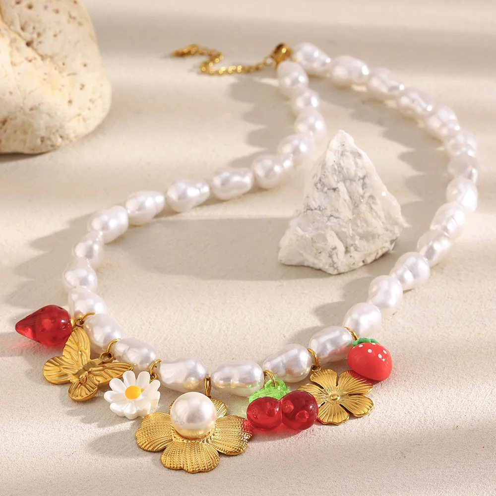 Baroque Stainless Steel Elegant Butterfly Strawberry Cherry Flower Pendant Charm Necklace for Women Pearl Chains Holiday Jewelry
Baroque Stainless Steel Elegant Butterfly Strawberry Cherry Flower Pendant Charm Necklace for Women Pearl Chains Holiday Jewelry
