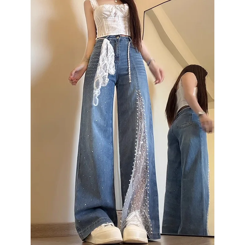 Summer New Blue Straight Leg Jeans Unique Design Lace Hollow Out Loose Denim Pants High Waist Rhinestone Trousers
Summer New Blue Straight Leg Jeans Unique Design Lace Hollow Out Loose Denim Pants High Waist Rhinestone Trousers