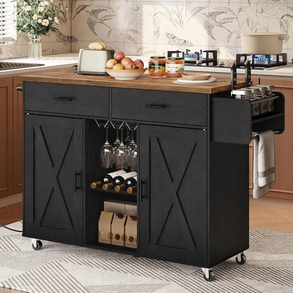 Portable Rolling Kitchen Island with Storage, Power Outlet, Shelves, Spice Rack, Towel Bar in Black & Rustic Brown
Portable Rolling Kitchen Island with Storage, Power Outlet, Shelves, Spice Rack, Towel Bar in Black & Rustic Brown