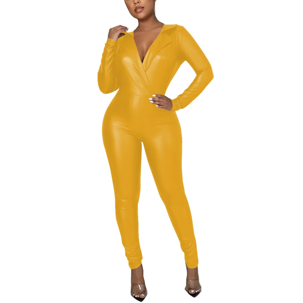 Fetish V-neck Overalls for Women PU Leather Long Sleeve Bodycon Jumpsuits Vintage Stretch Slim Fit Faux Leather Rompers Exotic
Fetish V-neck Overalls for Women PU Leather Long Sleeve Bodycon Jumpsuits Vintage Stretch Slim Fit Faux Leather Rompers Exotic