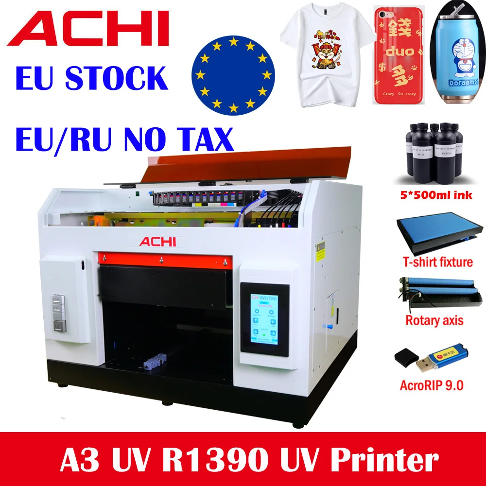 EU Stock ACHI A3 UV Printer R1390 Flatbed UV Watercooled Printer with T-shirt Clamp for Bottle Glass Metal Wood Clothes Printing
EU Stock ACHI A3 UV Printer R1390 Flatbed UV Watercooled Printer with T-shirt Clamp for Bottle Glass Metal Wood Clothes Printing