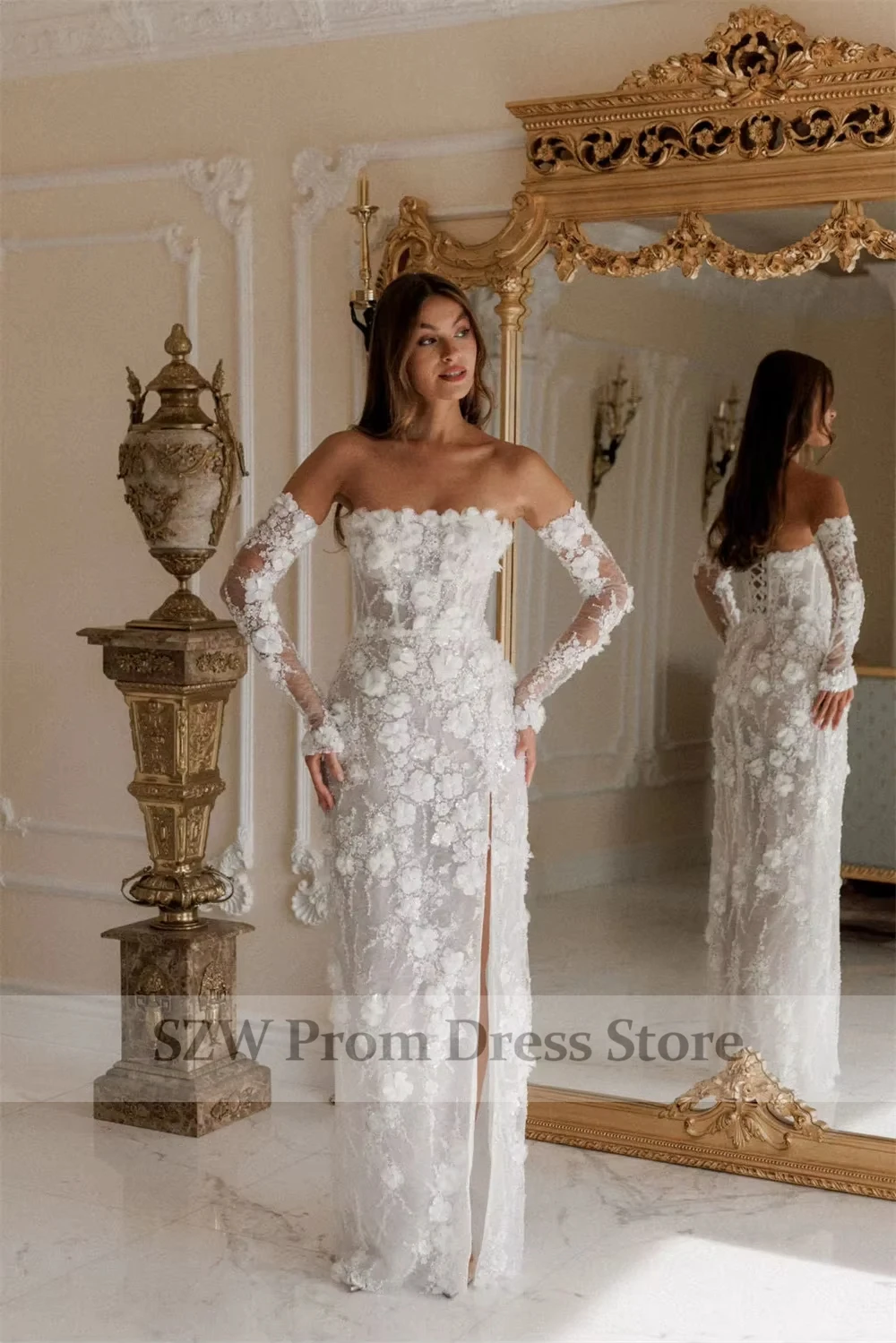 RYANTH Customized White Lace Porm Dress 3D Flower Lace Wedding Dresses Luxury Applique Side Slit Evening Dress
RYANTH Customized White Lace Porm Dress 3D Flower Lace Wedding Dresses Luxury Applique Side Slit Evening Dress