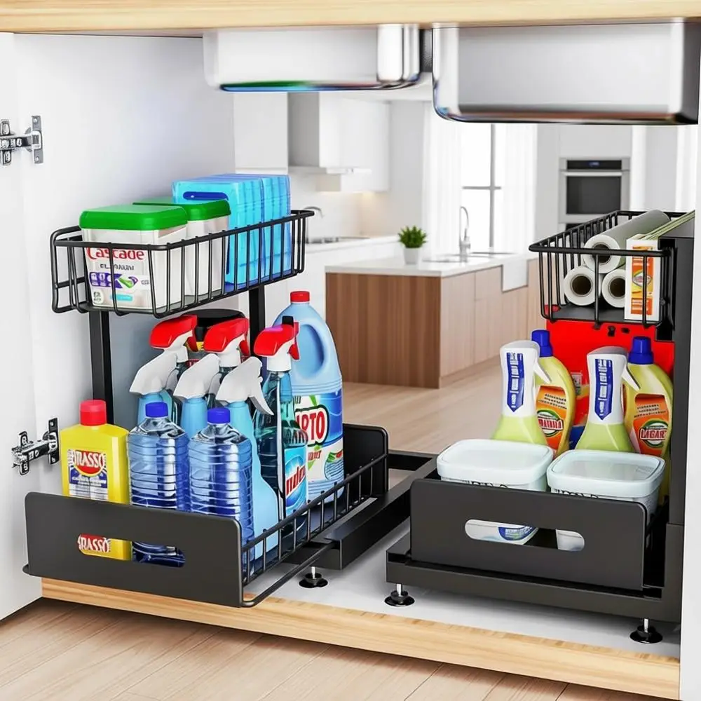 2-Tier Pull-Out Kitchen Sink Organizer, Adjustable L-Shape Basket Storage for Countertops and Cabinets (Black)
2-Tier Pull-Out Kitchen Sink Organizer, Adjustable L-Shape Basket Storage for Countertops and Cabinets (Black)