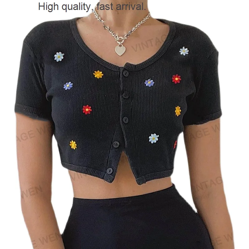 Retro Black American Embroidery Short Midriff-Baring Short Sleeve Cardigan Women's Hot Girl Top All-Matching
Retro Black American Embroidery Short Midriff-Baring Short Sleeve Cardigan Women's Hot Girl Top All-Matching