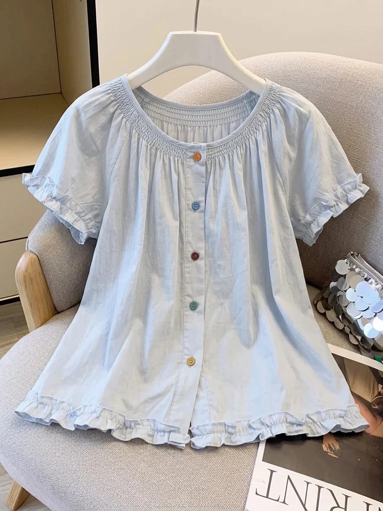 Light Blue Wooden Collar Shirt Women's Summer New Large Size Fat MM Anti-Aging Doll Shirt Korean Style Loose Fit Blouse
Light Blue Wooden Collar Shirt Women's Summer New Large Size Fat MM Anti-Aging Doll Shirt Korean Style Loose Fit Blouse
