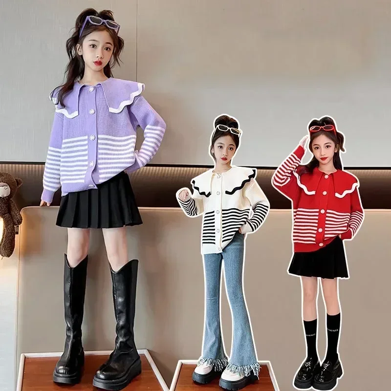 Korean Spring Autumn Children Girl Sweater Pullover Teenager Girl Striped Lace Collar Knitted Cardigan School Girl Knitwears
Korean Spring Autumn Children Girl Sweater Pullover Teenager Girl Striped Lace Collar Knitted Cardigan School Girl Knitwears