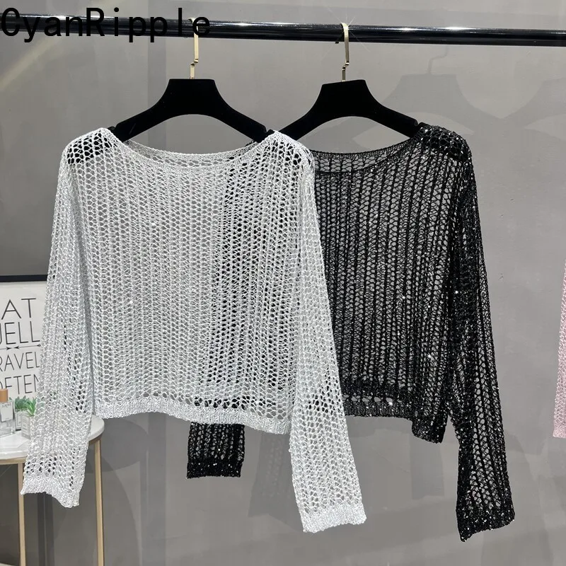 Summer Solid Color Sexy Hollow Out Perspective Long Sleeve Knitted Top Pullover Sun Protection Shirt Bright Silk Women T-shirt
Summer Solid Color Sexy Hollow Out Perspective Long Sleeve Knitted Top Pullover Sun Protection Shirt Bright Silk Women T-shirt
