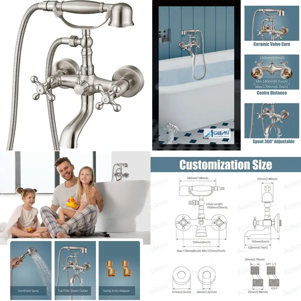 Vintage Wall Mount Bathtub Faucet with Double Handle and Handheld Shower, Brushed Nickel Finish, Bathroom Tub Filler Sprayer
Vintage Wall Mount Bathtub Faucet with Double Handle and Handheld Shower, Brushed Nickel Finish, Bathroom Tub Filler Sprayer