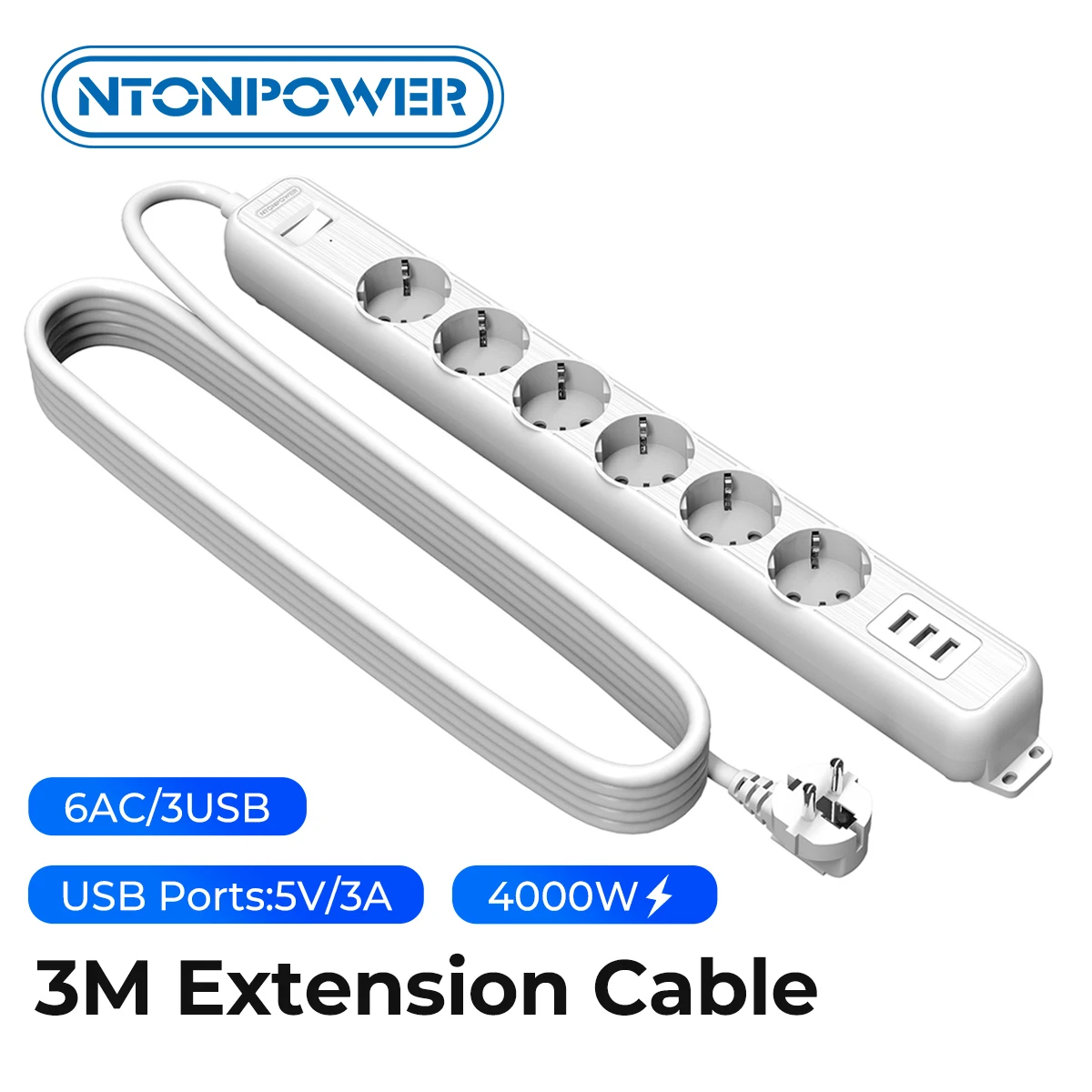 NTONPOWER EU Plug Power Strip 6 Sockets 3 USB Ports Multiple Plugs 3M Extension Cord Network filter socket extension Switch
NTONPOWER EU Plug Power Strip 6 Sockets 3 USB Ports Multiple Plugs 3M Extension Cord Network filter socket extension Switch