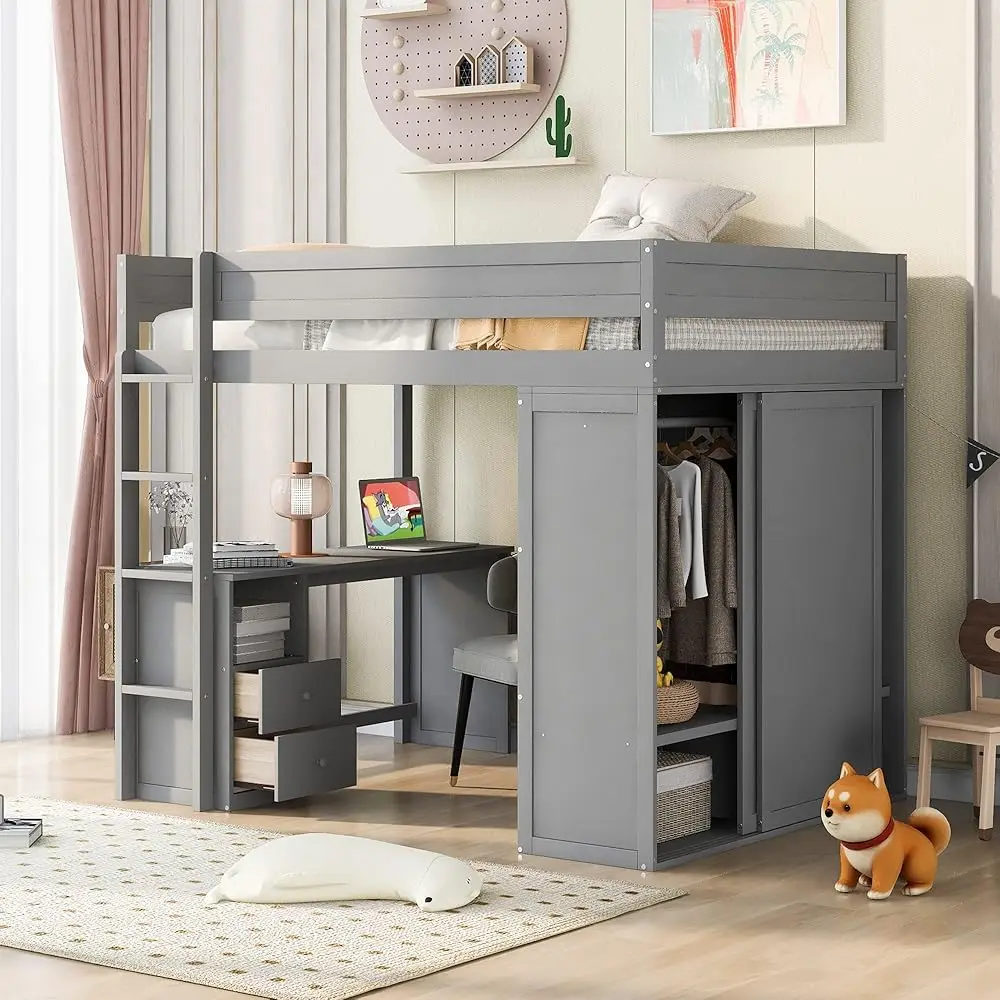 Full Size Loft Bed With Desk And Wardrobe, Wooden Full Loft Bed With 2 Storage Drawers Cabinet, Full Bedframe For Kids, Teens,
Full Size Loft Bed With Desk And Wardrobe, Wooden Full Loft Bed With 2 Storage Drawers Cabinet, Full Bedframe For Kids, Teens,