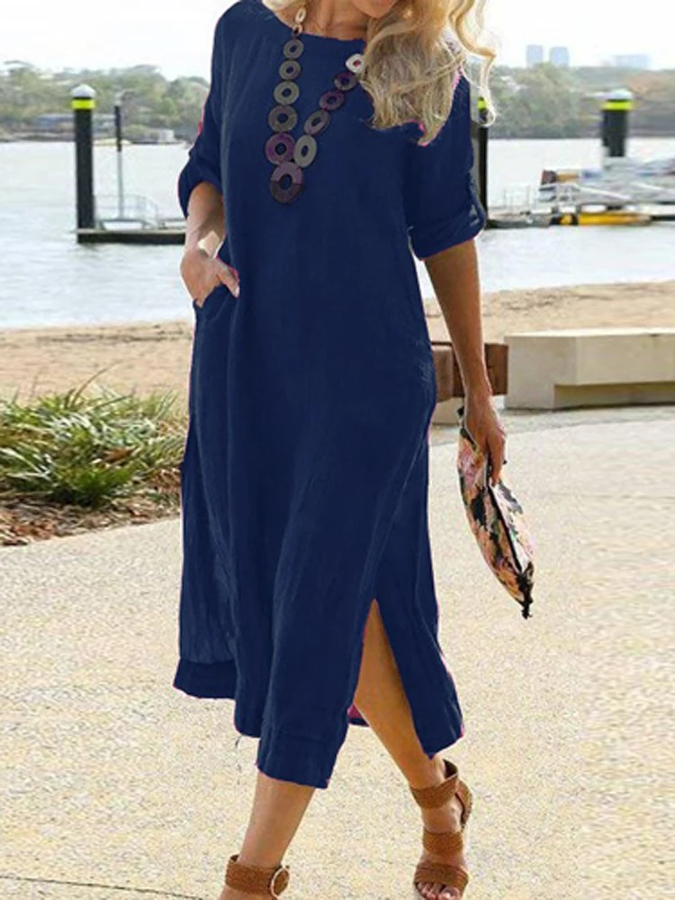Summer Short Sleeve Crew Neck Pullover Streetwear Dress 2022 Lady Holiday Solid Color Split Long Dress Women Casual Loose Dress
Summer Short Sleeve Crew Neck Pullover Streetwear Dress 2022 Lady Holiday Solid Color Split Long Dress Women Casual Loose Dress