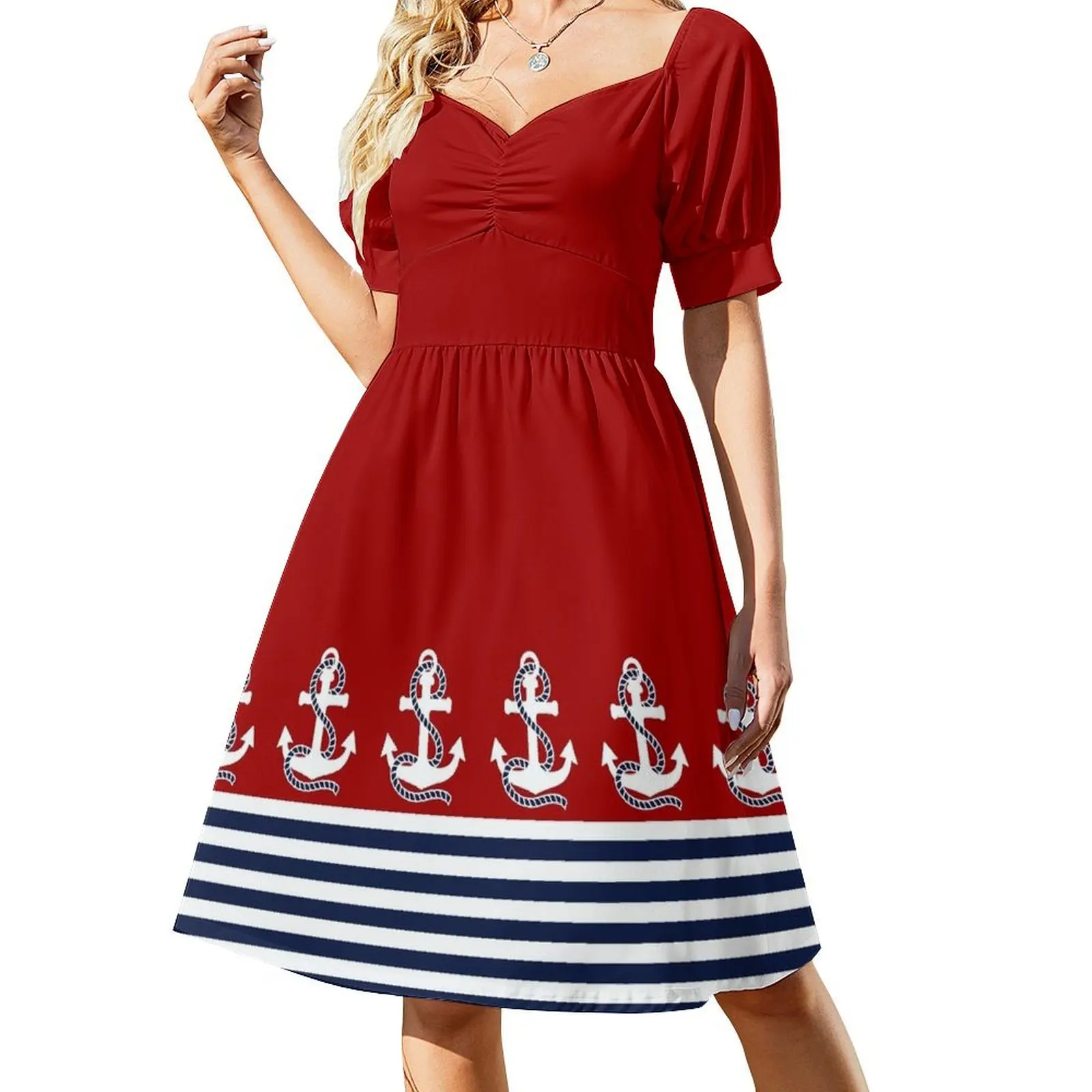 Nautical red white stripes and blue anchors on red background Short-Sleeved Dress Party dresses Women's dresses
Nautical red white stripes and blue anchors on red background Short-Sleeved Dress Party dresses Women's dresses