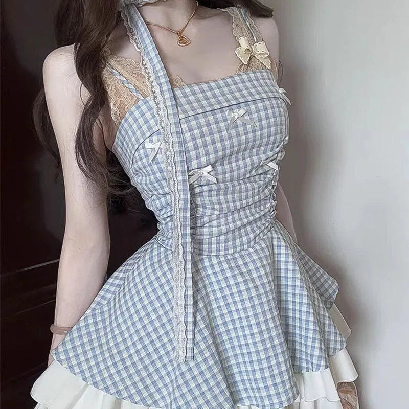 Women Sling Dress Halter Bow Lace Splicing Decoration Grid Pattern A-line Sleeveless High Waisted Pleat Elastic Slim Short Dress
Women Sling Dress Halter Bow Lace Splicing Decoration Grid Pattern A-line Sleeveless High Waisted Pleat Elastic Slim Short Dress