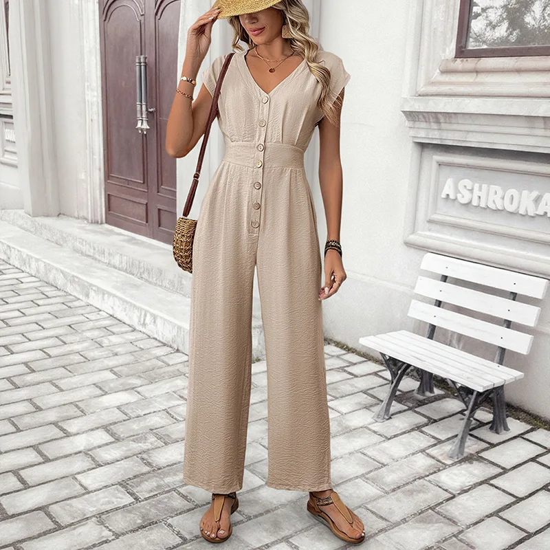 Women's V Neck Short Sleeve Button Detail Solid Color High Waist Wide Leg Comfortable Versatile Commuter Elegant Daily Jumpsuit
Women's V Neck Short Sleeve Button Detail Solid Color High Waist Wide Leg Comfortable Versatile Commuter Elegant Daily Jumpsuit