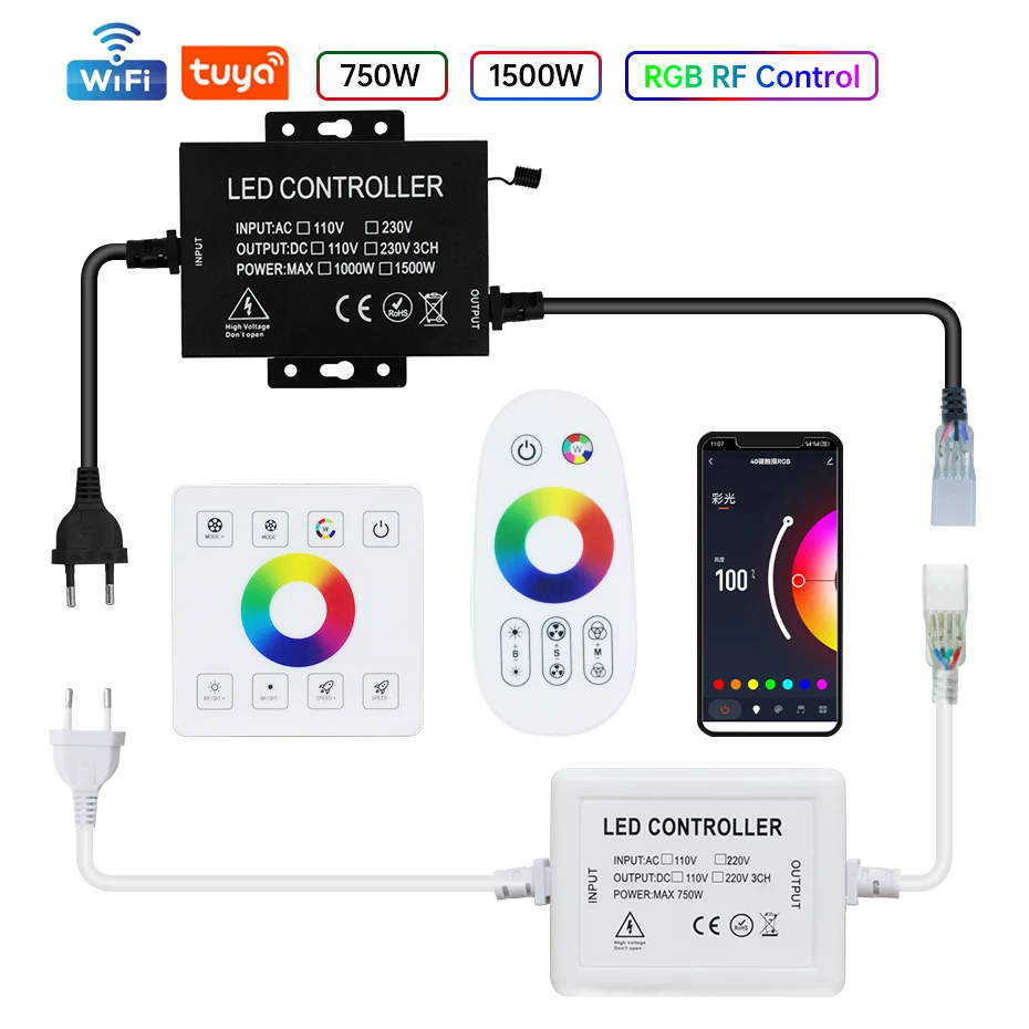 Smart RGB Controller 220V 750W/1500W with Tuya WiFi/RF EU/AU/UK Plug for LED Neon Strip 4Pin & Touch Panel Remote Control
Smart RGB Controller 220V 750W/1500W with Tuya WiFi/RF EU/AU/UK Plug for LED Neon Strip 4Pin & Touch Panel Remote Control