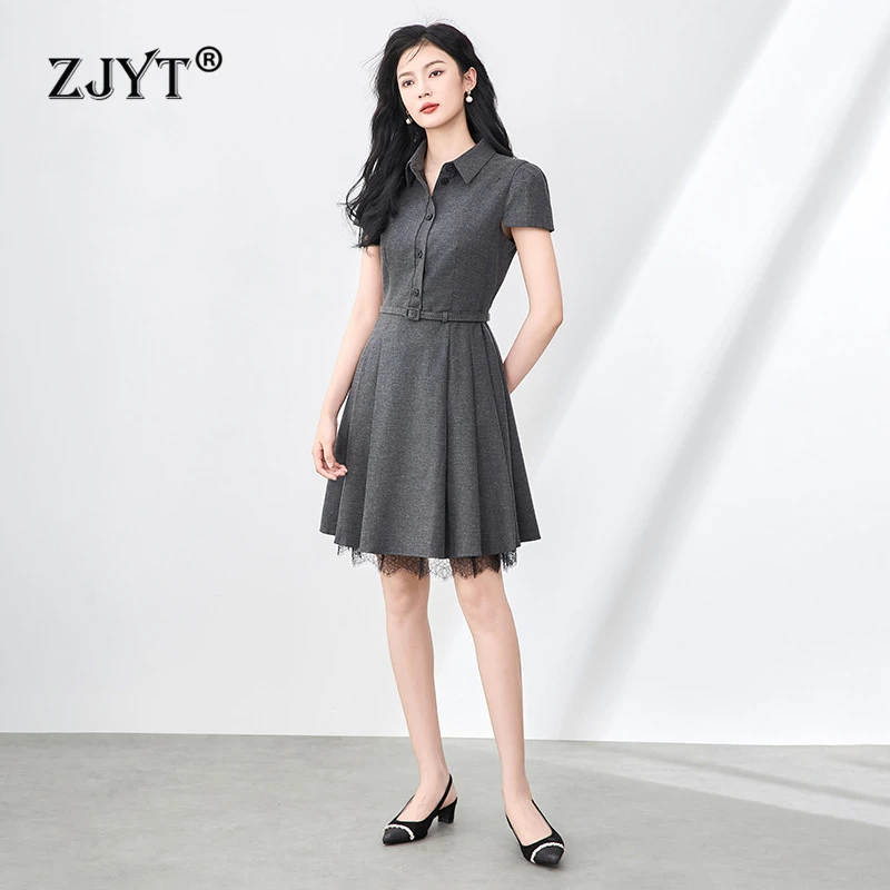 ZJYT Vintage Turn down Collar Summer Dress Grey Short Sleeve Lace Patchwork Casual Office Fashion Women Dress 2025 New Vestidos
ZJYT Vintage Turn down Collar Summer Dress Grey Short Sleeve Lace Patchwork Casual Office Fashion Women Dress 2025 New Vestidos