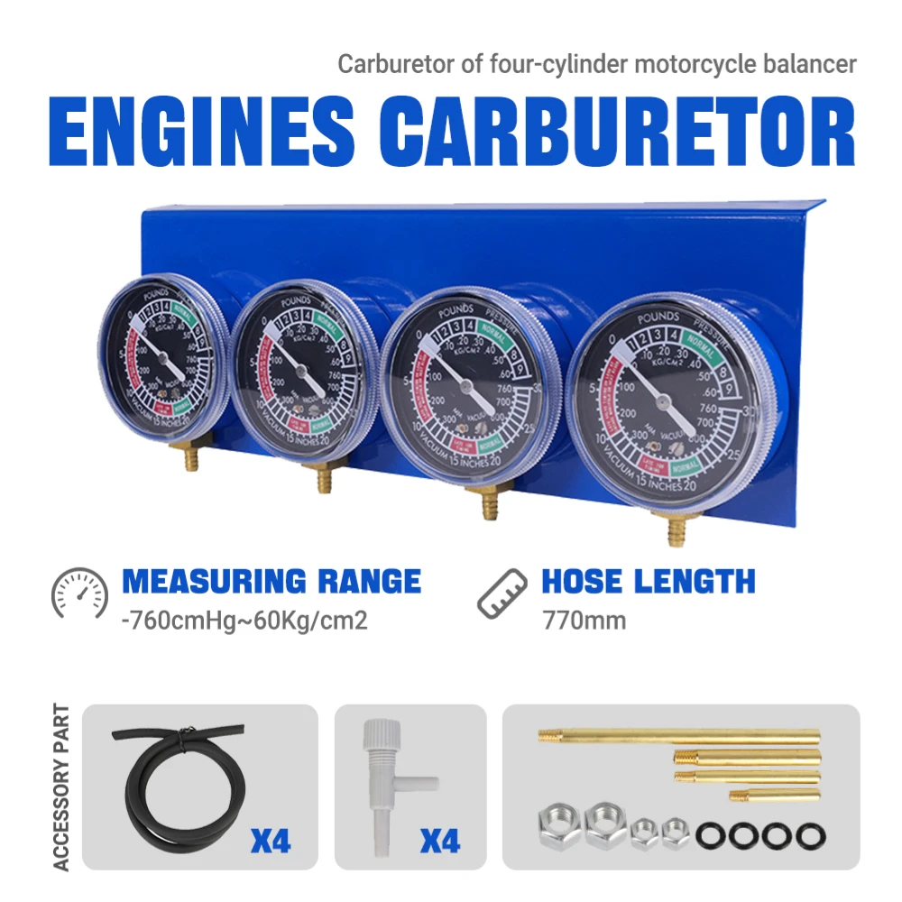 Motorcycle heavy-duty 4-cylinder fuel carburetor synchronous balancer gauge with hose for vacuum calibration & Engine Diagnostic
Motorcycle heavy-duty 4-cylinder fuel carburetor synchronous balancer gauge with hose for vacuum calibration & Engine Diagnostic