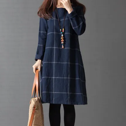 Spring Autumn New Korean Style Women's Mid-Length Cotton Linen Dress Loose plus Size Checkered Long Sleeve A-Line Skirt
Spring Autumn New Korean Style Women's Mid-Length Cotton Linen Dress Loose plus Size Checkered Long Sleeve A-Line Skirt