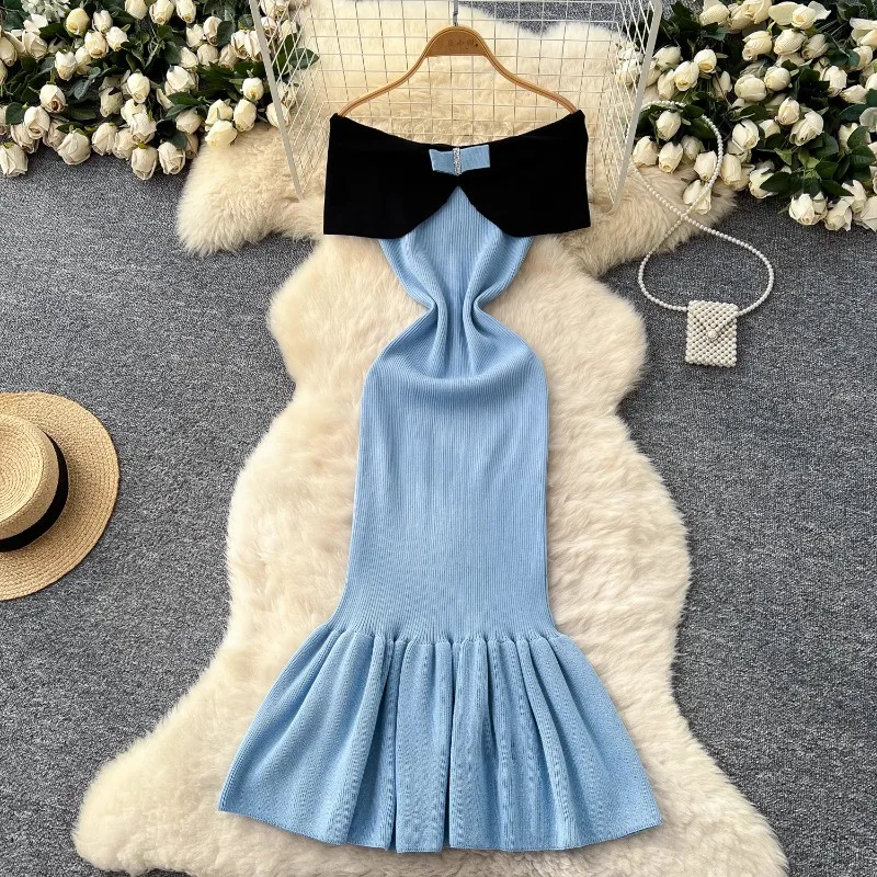 Women Temperament Design Color-matching Off-shoulder Lapel Slim-fit Knitted Dress New Summer Slim-fit Fishtail Dress Elegant
Women Temperament Design Color-matching Off-shoulder Lapel Slim-fit Knitted Dress New Summer Slim-fit Fishtail Dress Elegant