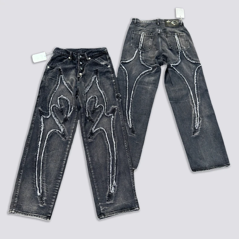 Washed THUG CLUB Embroidery Flame Tassel Jeans Men Women Casual Moon Star Metal Leather Label Loose Straight Cowboy Denim Pants
Washed THUG CLUB Embroidery Flame Tassel Jeans Men Women Casual Moon Star Metal Leather Label Loose Straight Cowboy Denim Pants
