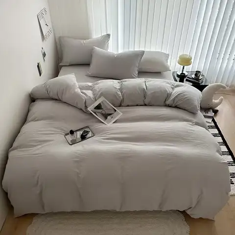 Verwaschene Baumwolle, einfarbig, vierteiliges Set, 1 Bettlaken, 1 Bettbezug, 2 Kissenbezüge