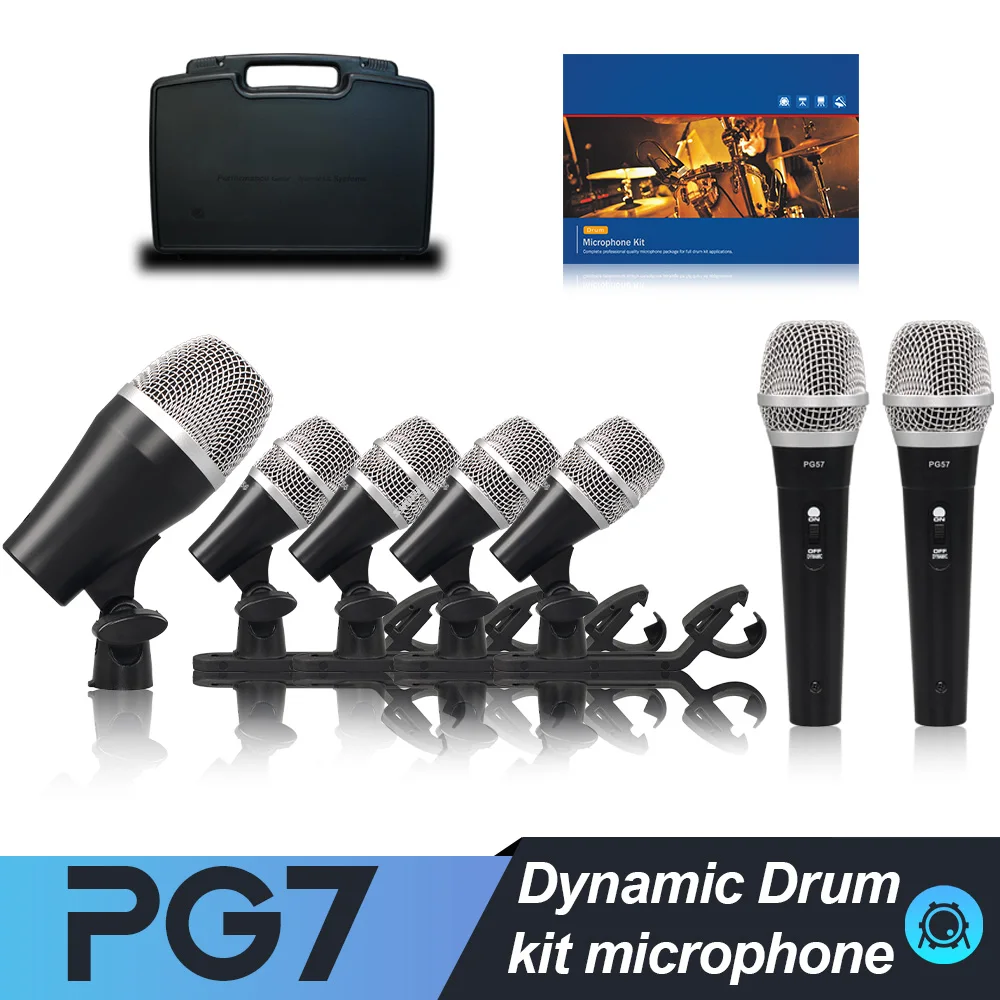 PG7 7-Piece Wired Dynamic Drum Microphone Kick Bass, Instrument Tom/Snare & Cymbals Mic Set With Box Use
PG7 7-Piece Wired Dynamic Drum Microphone Kick Bass, Instrument Tom/Snare & Cymbals Mic Set With Box Use