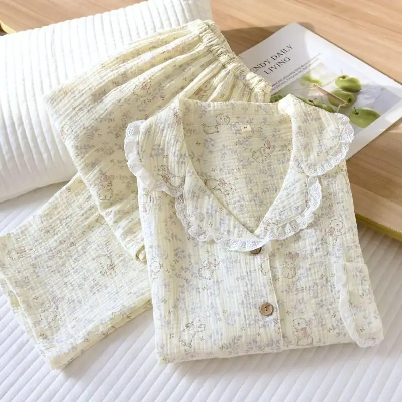 New Hot Sweet Cute Bunny Design Pajamas Set Pure Cotton Women Homewear All Seasons Lapel Collar Long Sleeve Long Pants Kawaii
New Hot Sweet Cute Bunny Design Pajamas Set Pure Cotton Women Homewear All Seasons Lapel Collar Long Sleeve Long Pants Kawaii