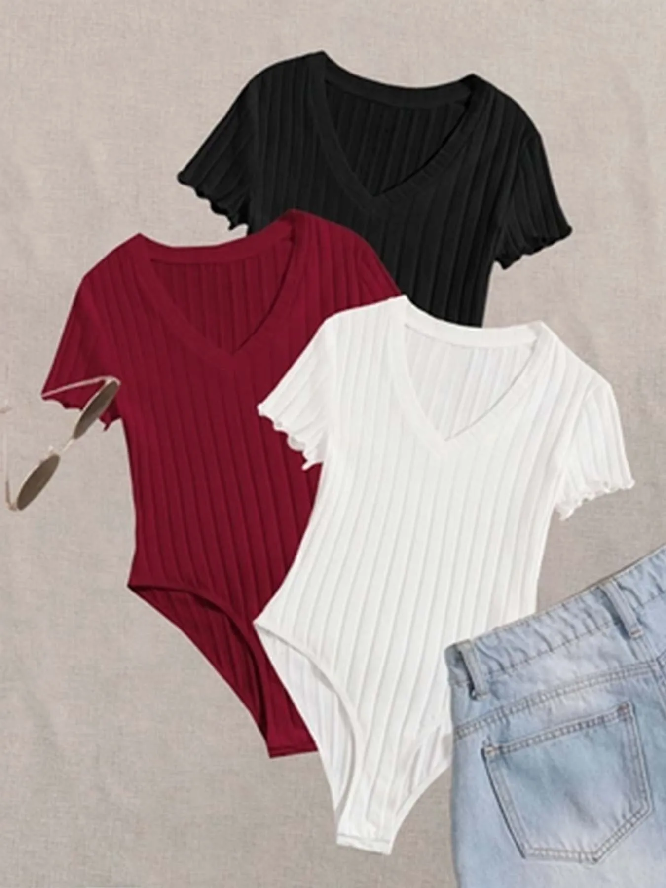 3 Packs Ribbed V Neck Bodysuit Sexy Short Sleeve Lettuce Trim Bodysuit Women's Clothing
3 Packs Ribbed V Neck Bodysuit Sexy Short Sleeve Lettuce Trim Bodysuit Women's Clothing