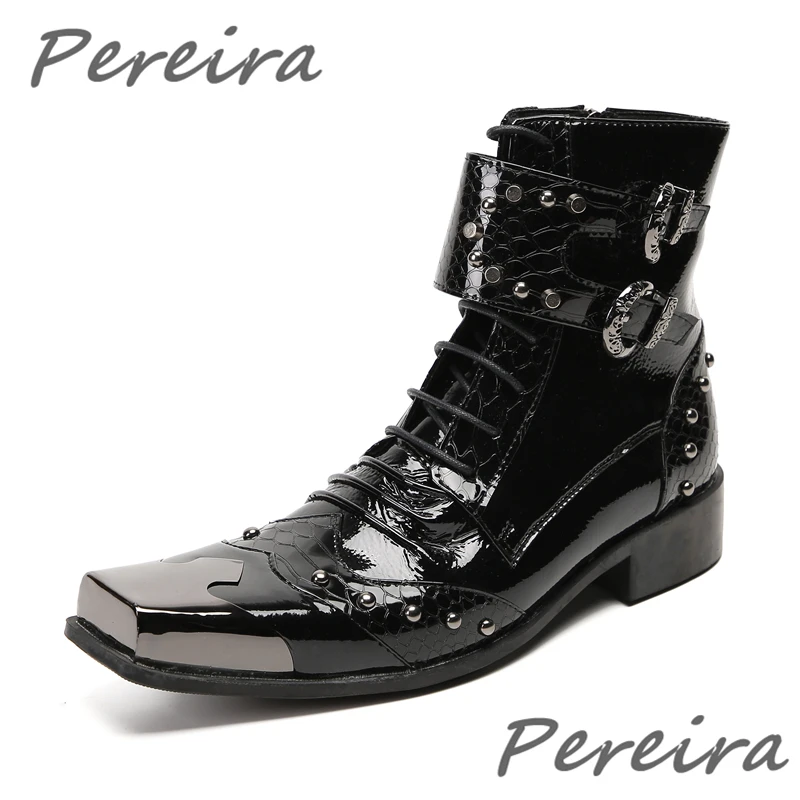 Black Patent Leather Men's Ankle Boots Fashion Rivets Belt Buckle Square Toe Short Boots Punk Style Lace-Up Zipper Male Shoes
Black Patent Leather Men's Ankle Boots Fashion Rivets Belt Buckle Square Toe Short Boots Punk Style Lace-Up Zipper Male Shoes