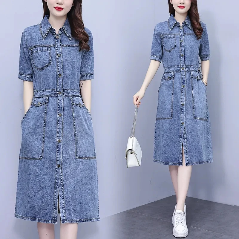 5XL Women's Denim Dress 2023 Summer New Korean Vintage Loose Bomber Denim Dresses Single-breasted Short-sleeved Dress for Women
5XL Women's Denim Dress 2023 Summer New Korean Vintage Loose Bomber Denim Dresses Single-breasted Short-sleeved Dress for Women