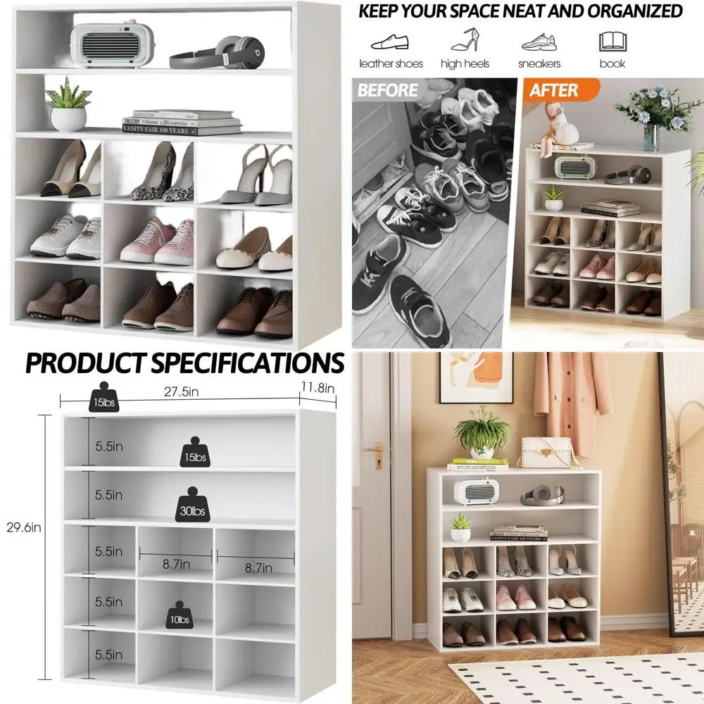 5-Tier Wooden Shoe Rack Organizer with 2 Shelves and 9 Cubbies, Ideal for Entryway, Hallway, Closet, and Garage, White
5-Tier Wooden Shoe Rack Organizer with 2 Shelves and 9 Cubbies, Ideal for Entryway, Hallway, Closet, and Garage, White