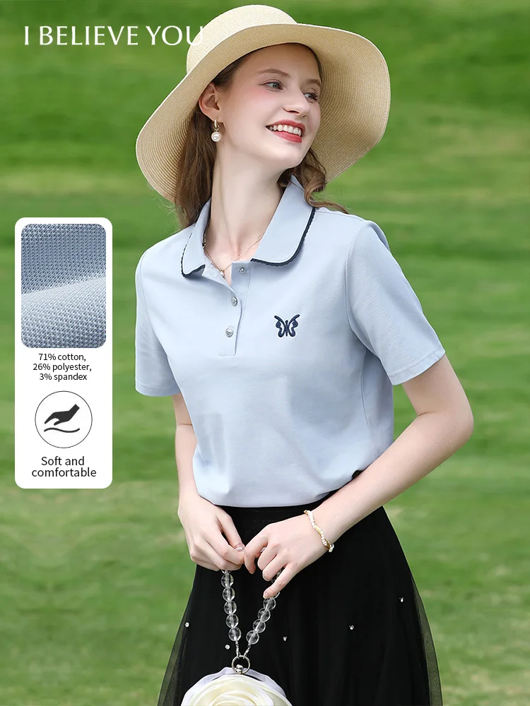 I BELIEVE YOU Blue Polo Collar T-shirt Top for Women Summer 2025 Butterfly Embroidered Breathable Short Sleeve Tees 2252015969
I BELIEVE YOU Blue Polo Collar T-shirt Top for Women Summer 2025 Butterfly Embroidered Breathable Short Sleeve Tees 2252015969